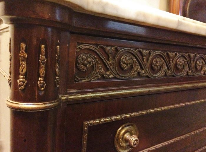 Italian Mahogany Bedroom nighttable detail with brass trim and fittings. Magnificent marble tops. Part of full set. Circa 1910. Made in Spain exclusively for Antique Reproductions Ltd. Numbered and stamped.