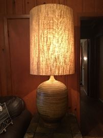 Tall Mid century modern art pottery lamp with original drum shade, 1960's