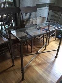 Glass console table, press back chairs