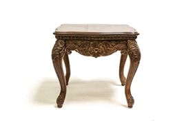Jessica McClintock Home Accent Table: A Jessica McClintock Home accent table. This square accent table features a veneered top, ornate carvings, cabriole legs, and a single drawer. The piece is marked on the interior of the drawer “Jessica McClintock Home, Romance Collection by American Drew”.