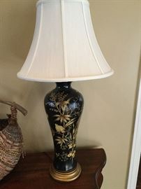 Black lamp with painted bird and floral design