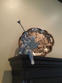 Cherub with horn and gold leaf platter