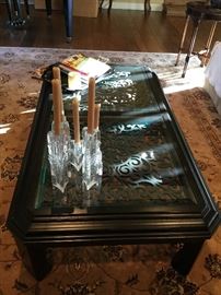 Asian coffee table with carved wood under the glass