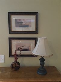 Pair of boat prints, lamp with beaded fringe shade