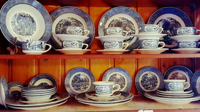 Over 50 Pieces "Currier and Ives" Blue Dinnerware