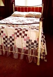 Brass and Cast Iron Double Size Bed Circa 1900.  Beautiful Very Old Extra Large Size Quilt - Circa 1925.