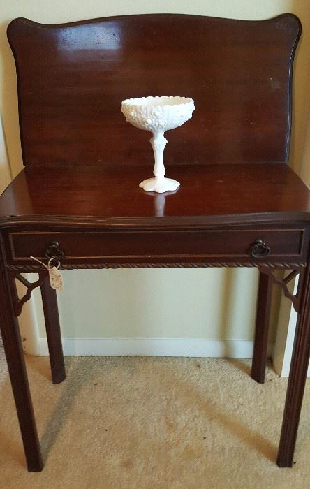 Beautiful Chippendale Style Mahogany Game Table - Fenton Milk Glass Compote.
