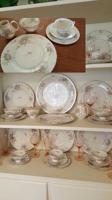 Service for 8 Theodore Haviland "Apple Blossom" Pattern.  Has Several Serving Pieces as Well.  See Close Up of Pattern in Inset Photo in Upper Left Corner.       Also 21 Pink "Elegant" Depression Glassware Stemware Items.
