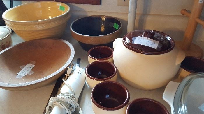 Kitchen Items Close Up - Watt Pottery Set, Wood Bowl, Large Yellow Stone Ware Bowl