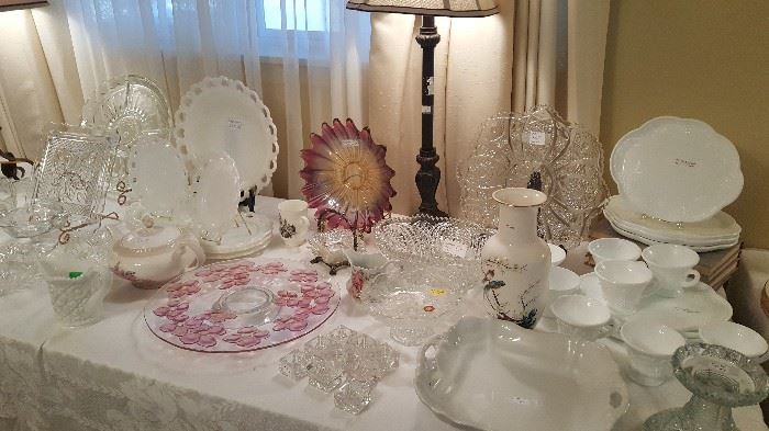 Wide View of Glass Ware for Sale - Milk Glass, Imperial Glass Items - Including Hard to Find Cape Cod Square Cake Plate