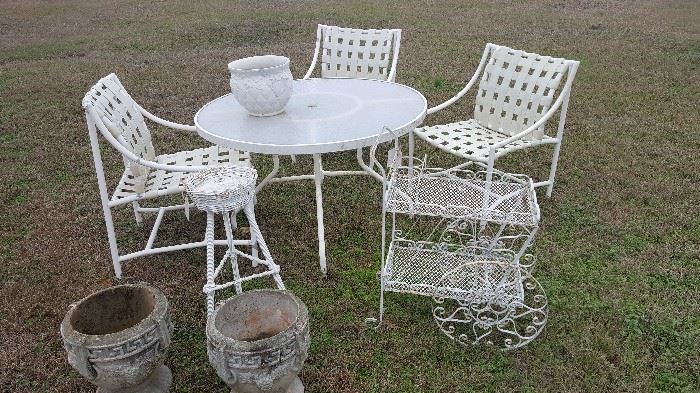 Outside Patio Furniture, Fern/Plant Stand, McCoy Large Pot, Wheeled Wrought Iron Serving Cart, Pair Concrete Flower Pots