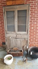Large and Old Kitchen Safe - Needs Work, Iron Pot, Coal Grate, Draw Knife, Ice Tongs and McCoy Pot