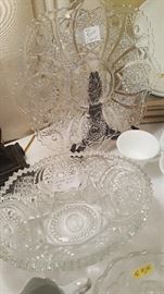 2 Very Beautiful Imperial Glass Company Items - Flat Cake Plate and Large Oval Bowl - Very Heavily Pressed!