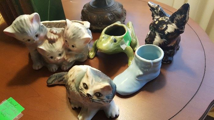 Brush McCoy Frog Planter, McCoy Shoe Planter, "Old Japan" Kitten and Scotty Dog Figurines.  Many Additional Figural and Pot Shaped Planters on Shelf in Kitchen.