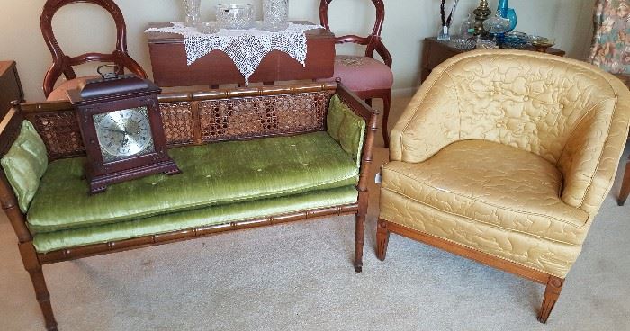 Very Pretty Italian Style Cane Back Settee in Excellent Condition.  Hamilton Carriage Clock - Works and Has Beautiful Chimes.  Also 2 other Anniversary Clocks Not Shown.