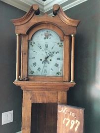 Antique Longcase Clock, dated 1797. Works with a beautiful chime. Hand Painted Metal Face. 