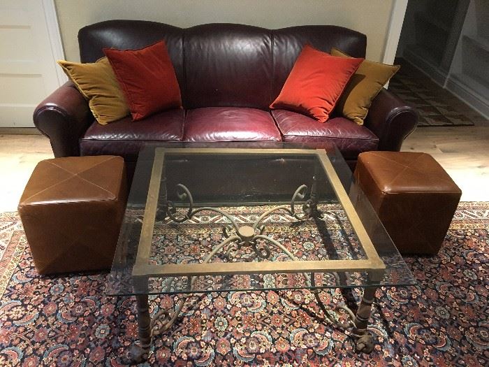 Iron Base Glass Top Coffee Table, Pair of Leather Stools, Crate and Barrel Leather Sofa 