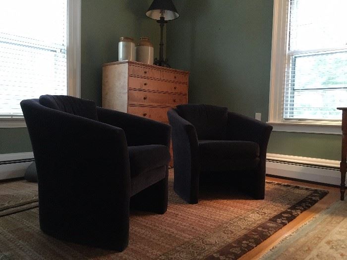 Pair of Barrel Back Swivel Chairs, Mir Design, Indian Rug Set (two runners not pictured), 6'9" x 9'