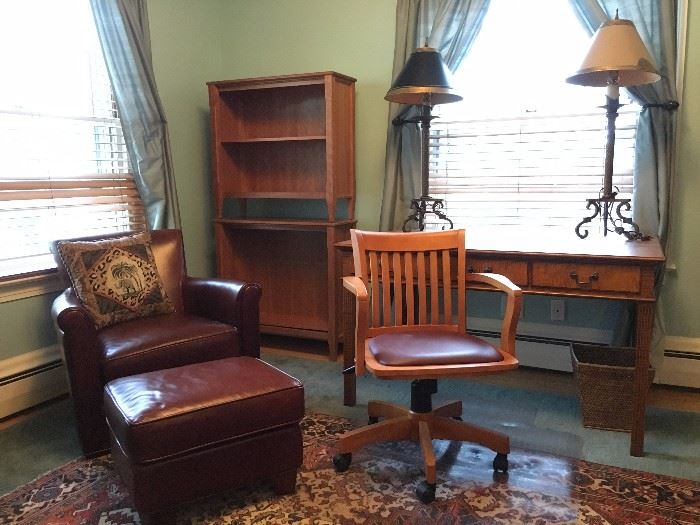 Crate and Barrel Leather Arm Chair, Eldred Wheeler Desk, Book Shelves