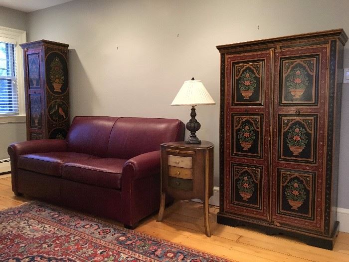 Mohr and McPherson Hand Painted Armoire and Tall Cabinet, Crate and Barrel Leather Sofa