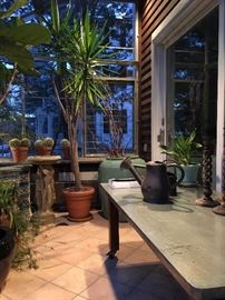 Restoration Hardware Stainless Top Table, Over Sized Antique French Urns, Plants, Figural Bird Bath 