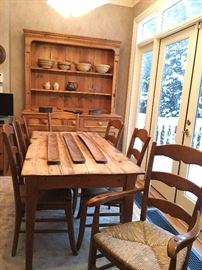 Pine Farm Table, Rush Seat Chairs, European Country China Hutch From British Traditions (handmade in the USA) 