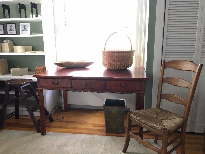 Eldred Wheeler Three Drawer Desk, Pottery Barn Step Stool, Nantucket Basket, Tea Wash Hand Knotted Rug, 5' x 7" 
