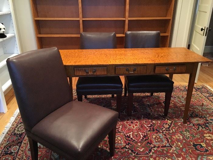 Eldred Wheeler Three Drawer Writing Desk in Tiger Maple, Leather Side Chairs
