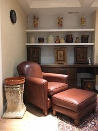 Crate and Barrel Leather Chair and Ottoman, Hand Painted Indian Cabinets, Stone Pillar Pedestals 