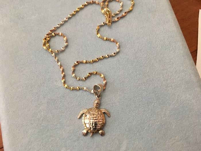 Sterling turtle pendant on tricolor chain  - his legs are mobile