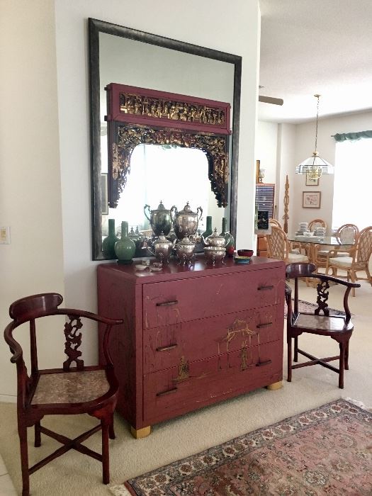 Antique Chinese Wedding Bed Panel and Hand Painted Chest 