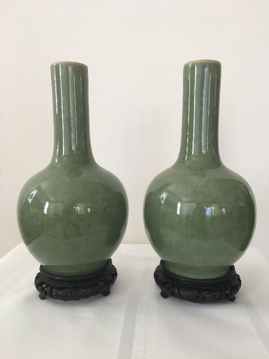 Pair Celadon Crackle Vases