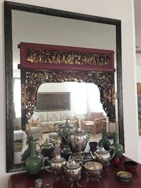 Antique Chinese Wedding Bed Panel and Sheffield Silver Tea Service & Samovar