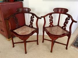 Pair Chinese Corner Chairs with Marble Seats