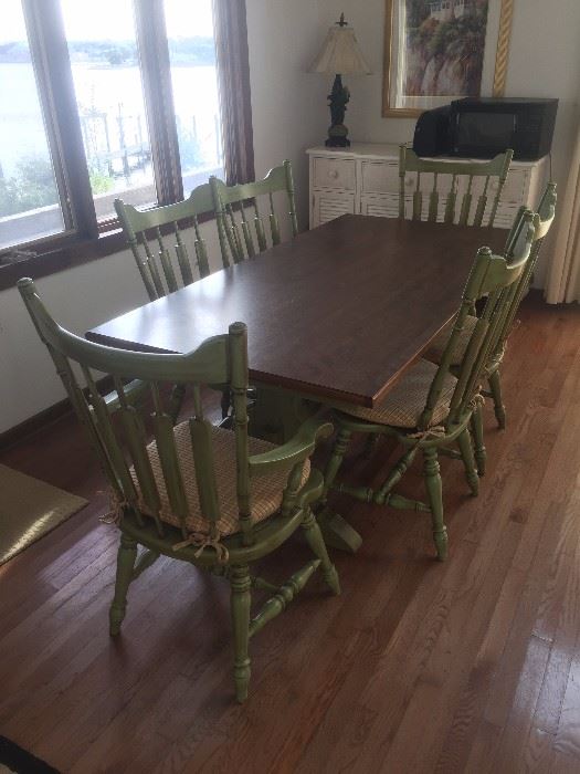 Trestle table with six chairs, shabby chic look