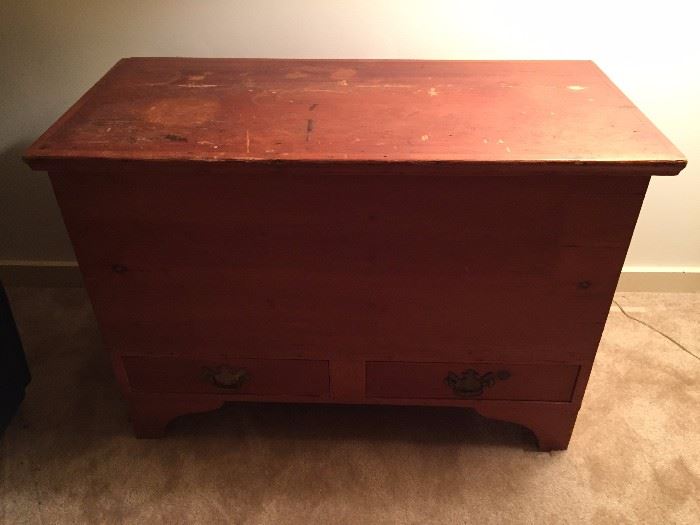 Antique cedar blanket chest, deep storage area inside with two small drawers. 