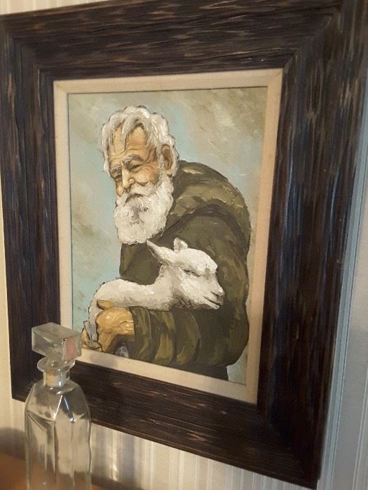 Saint Francis Oil Painting holding a Lamb, Glass Whiskey Decanter.