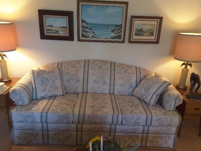 Sofa, 3 Seater, 78X35X28, Flowered Pattern, Coastal Oil Paintings, Congress Constitutional Lamps, 2 of them, 32 " in height.