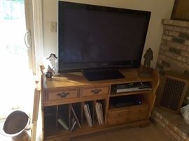 TV Panasonic 40" Viera. Wood TV Cabinet for Receiver Units, DVD Player and Records in lower section (5 record sections).