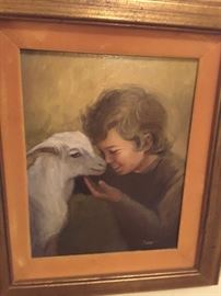 Young Child with Young Goat, Orange and Gold Frame.