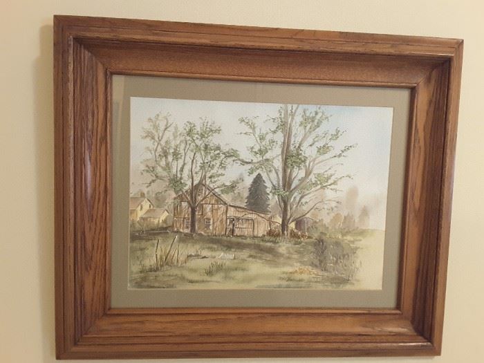 Farmhouse by the Lake on Brown Frame. Inner frame is olive green.