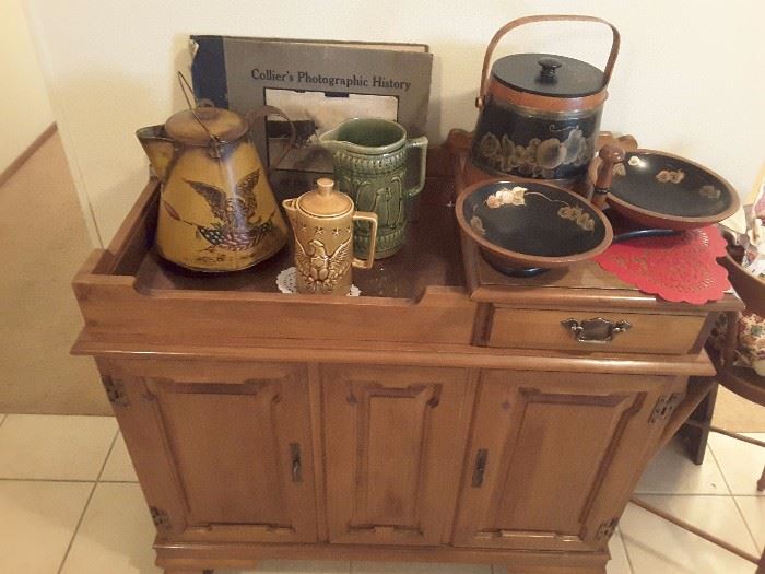 Vintage serving sideboard also for Silverware, Vintage Amish collectibles, ceramic  pitchers, Tin Pitcher, Colliers Photographic History War Photo Album.