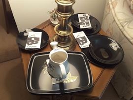 Collection of Couric trays, brass pedestal, brass lamp.