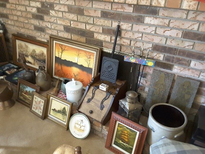 Fireplace paintings, wood fire box, black warmer, crock, vintage Ceramic jugs, vintage brass lantern.