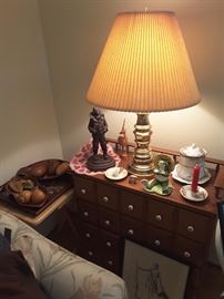 TV Trays, side table with three shelves, brass lamp, Charles Lindbergh, Frog, and Collectibles.