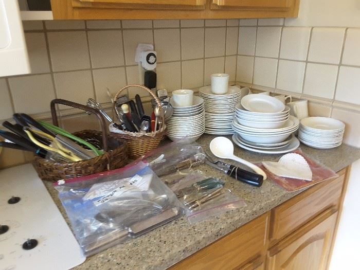 Collection of household Utensils, special silver plated flatware, large white dishes set for every day.