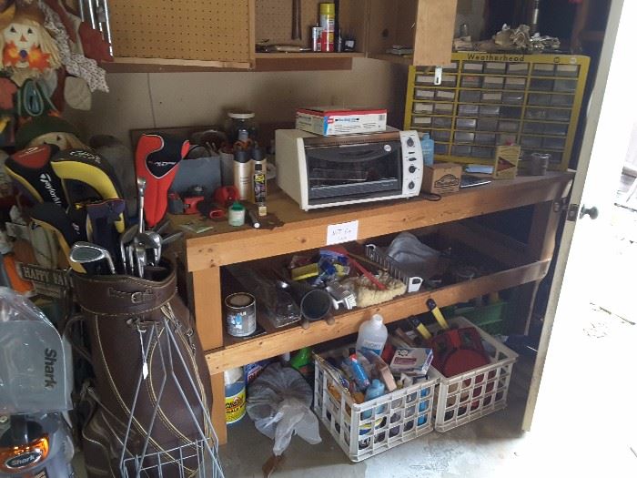 Collection of Tools, Large Nails and Screws Box, Toaster Over, Collection of Cleaning Chemicals, Hand Tools, Golf Clubs and Ball Basket Holder. Chains.