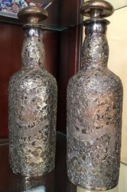 PAIR OF STERLING RYE AND SCOTCH DECANTERS