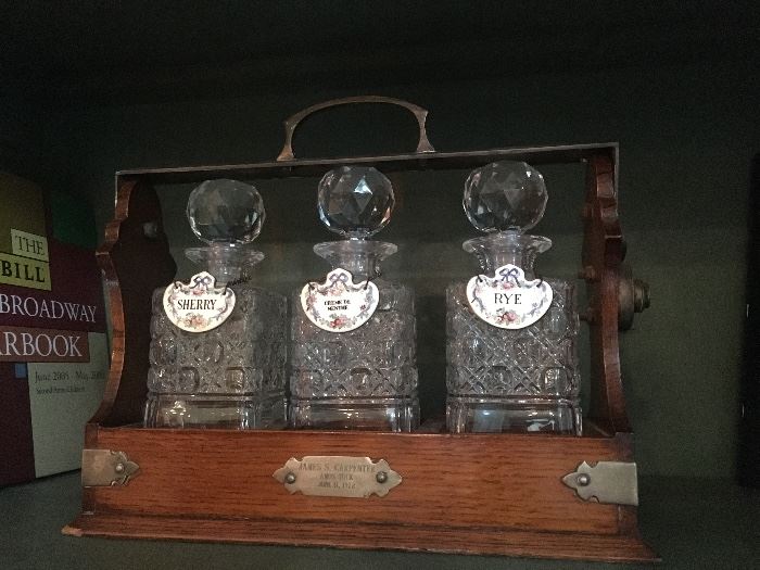 Vintage Crystal (3) Liquor Decanters in wooden Carrier case / Tantalus