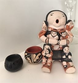 Indian Pottery "Storyteller" from Cochiti, small bowl from Jemez Peublo, and black Pottery bowl signed
